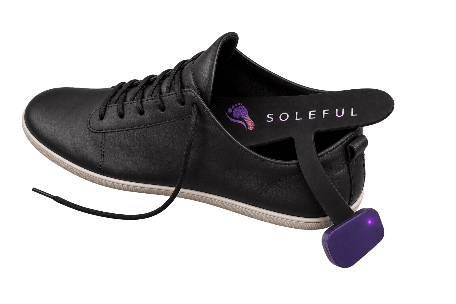 A Soleful smart insole and its sensor pod being inserted into a shoe